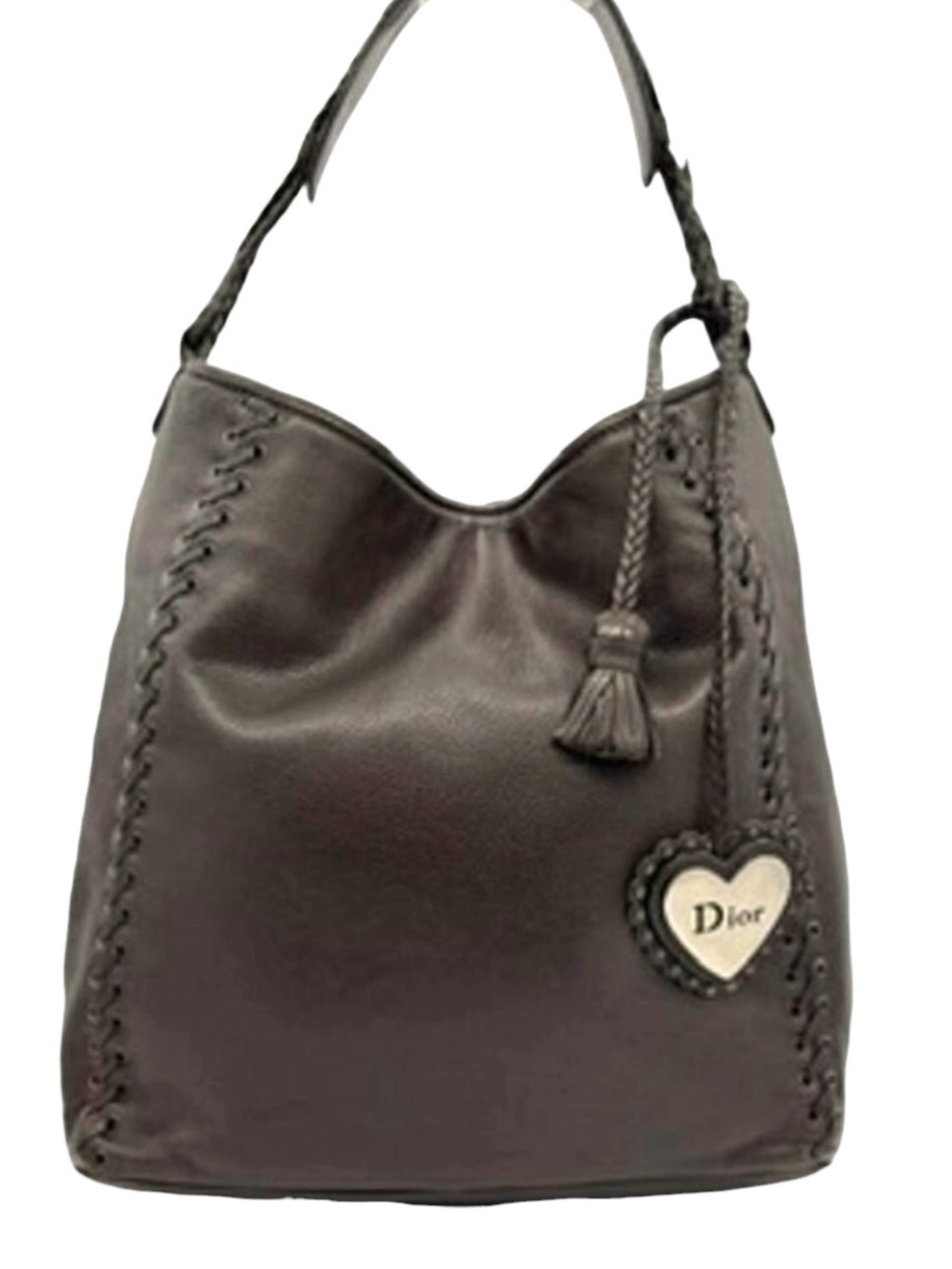 Auth Dior Ethnic collection Galliano Brown Leather large Hobo tote Heart Charm